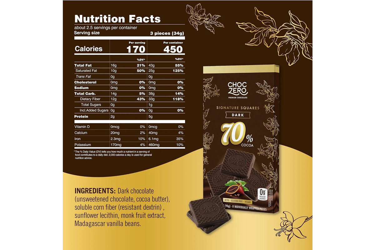 [套裝3件]ChocZero Signature Square 無糖黑朱古力塊 70%(盒裝90g) x3