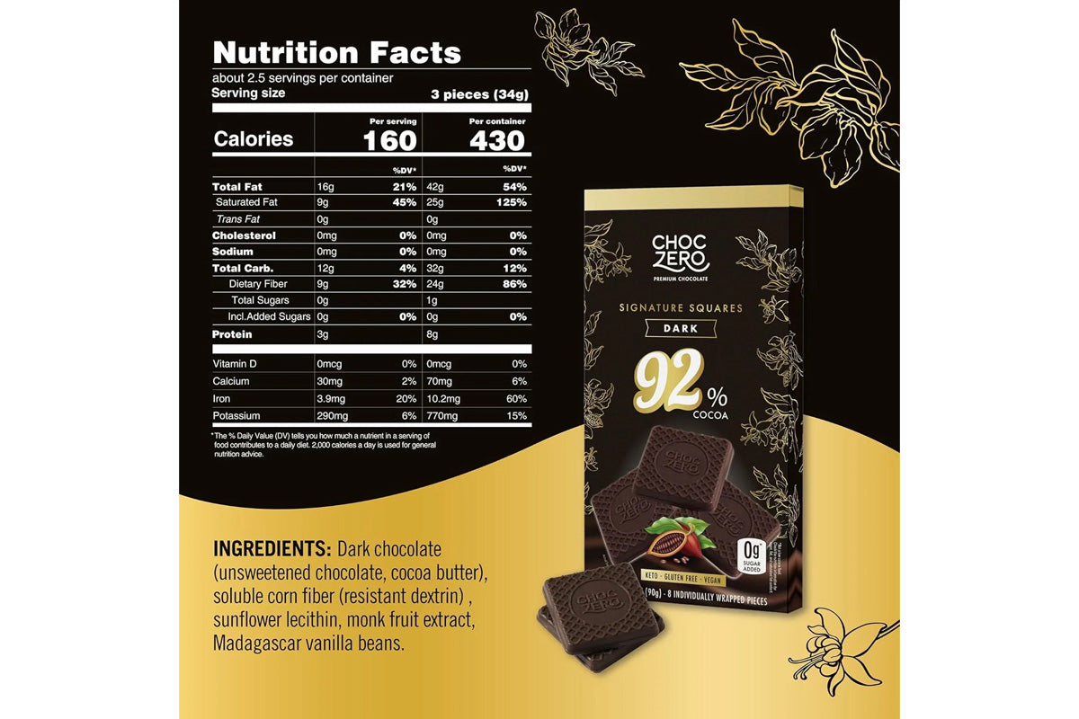 [套裝3件]ChocZero Signature Square 無糖黑朱古力塊 92%(盒裝90g) x3